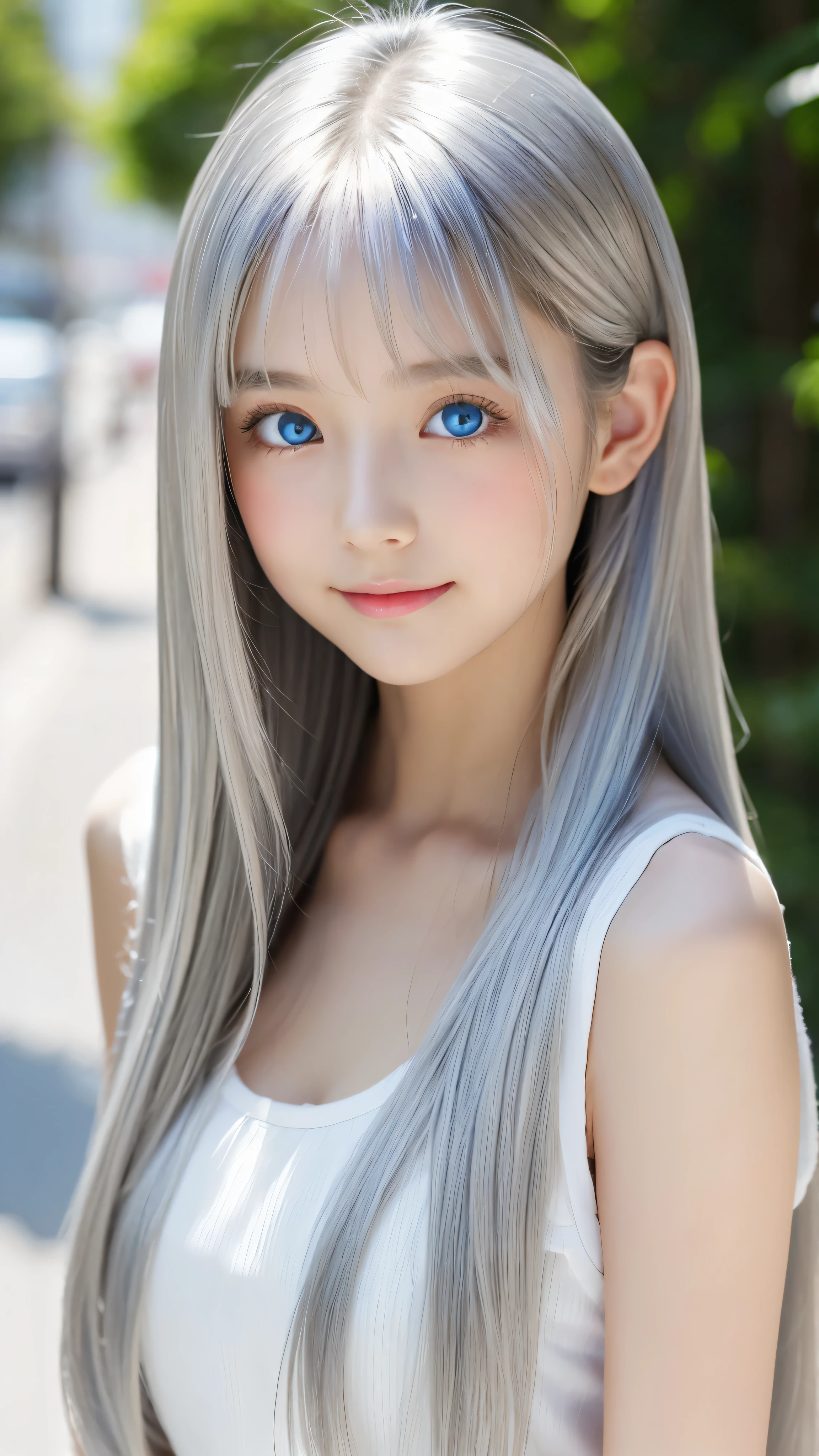 Shining, clear, white skin、Her windblown silver hair hides her beautiful face.、huge、28 years old cute sexy little beautiful face、Beautiful straight hair that stands out、growing up, Sparkling light blue eyes、long silky bangs that cover cute eyes, Sexy and cute young woman with super long hair hiding her sexy face、shining silver hair