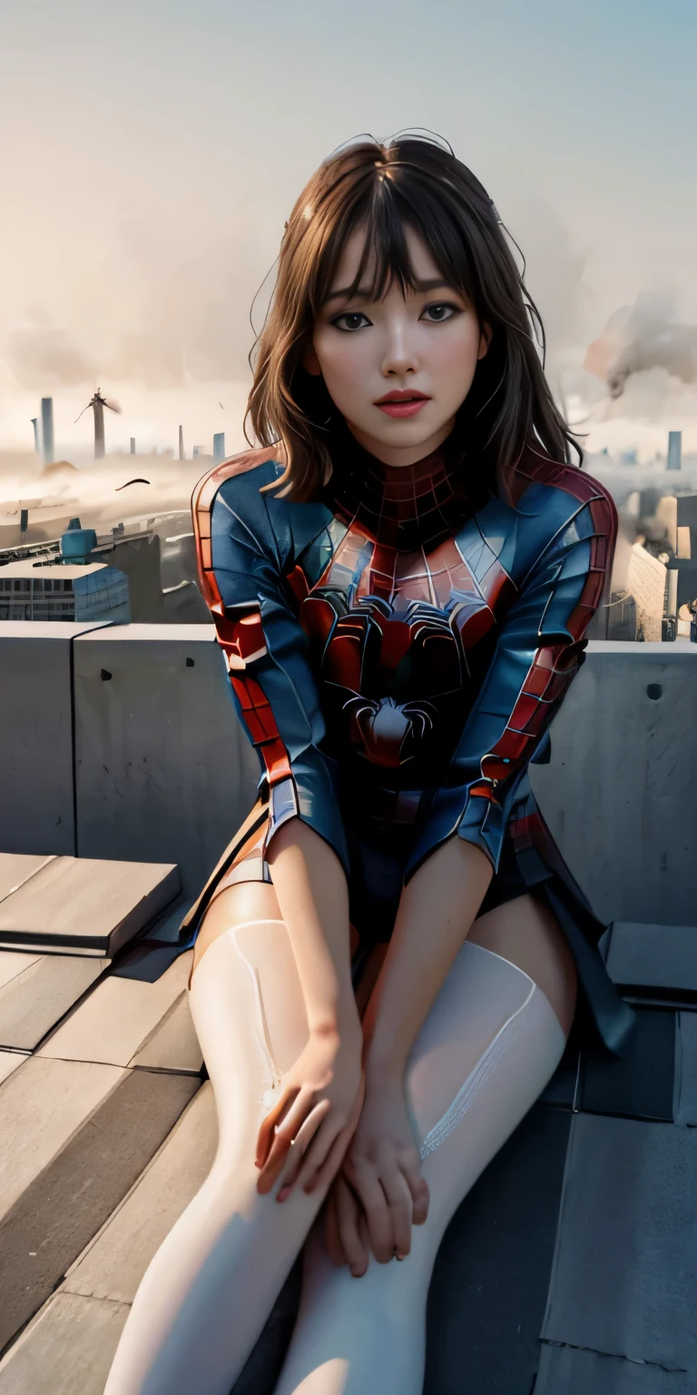 (1girl:1.3), Solo, (((Very detailed face)))), ((Very detailed eyes and face)))), Beautiful detail eyes, Body parts__, Official art, Unified 8k wallpaper, Super detailed, beautiful and beautiful, beautiful, masterpiece, best quality, original, masterpiece, super fine photo, best quality, super high resolution, realistic realism, sunlight, full body portrait, amazing beauty, dynamic pose, delicate face, vibrant eyes, (from the front), She wears Spider-Man suit, red and black color scheme, spider, very detailed city roof background, rooftop, overlooking the city, detailed face, detailed complex busy background, messy, gorgeous, milky white, highly detailed skin, realistic skin details, visible pores, clear focus, volumetric fog, 8k uhd, DSLR, high quality, film grain, fair skin, photo realism, lomography, futuristic dystopian megalopolis, translucent,((Bend your knees and open your legs wide:1.2))