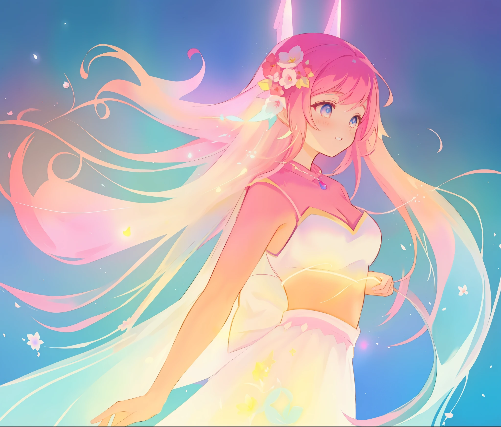 beautiful girl in white arabian style two piece dress, long colorful pink hair, watercolor illustration, inspired by Glen Keane, inspired by Lois van Baarle, disney art style, by Lois van Baarle, glowing aura around her, by Glen Keane, jen bartel, glowing lights! digital painting, flowing glowing hair, glowing flowing hair, beautiful digital illustration, fantasia otherworldly landscape plants flowers, beautiful, masterpiece, best quality, anime disney style