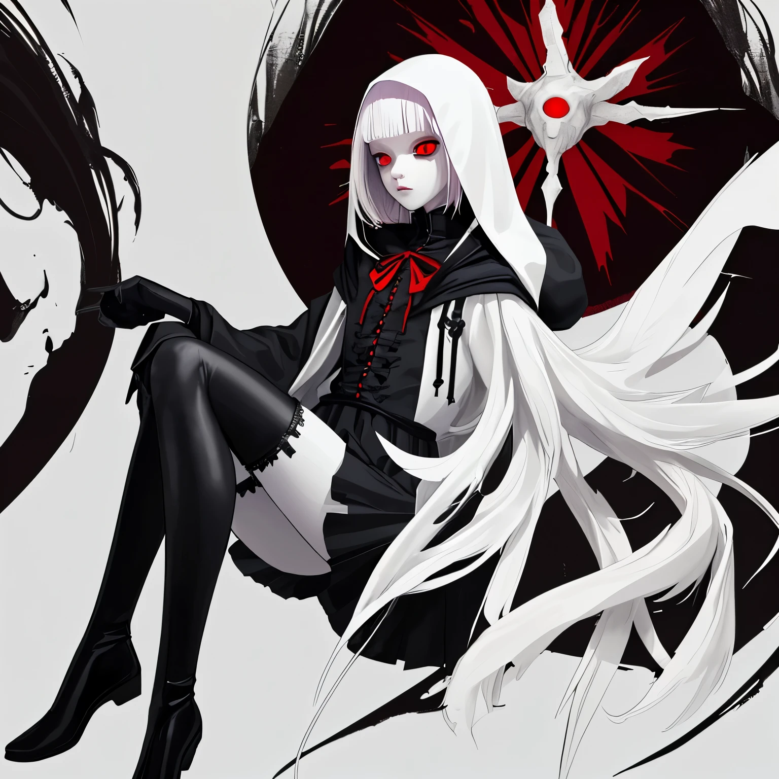appearence a teenage girl,gothic,assassin,hood,red eyes,albino,calm,quiet,cute,pretty,full body,looking ahead