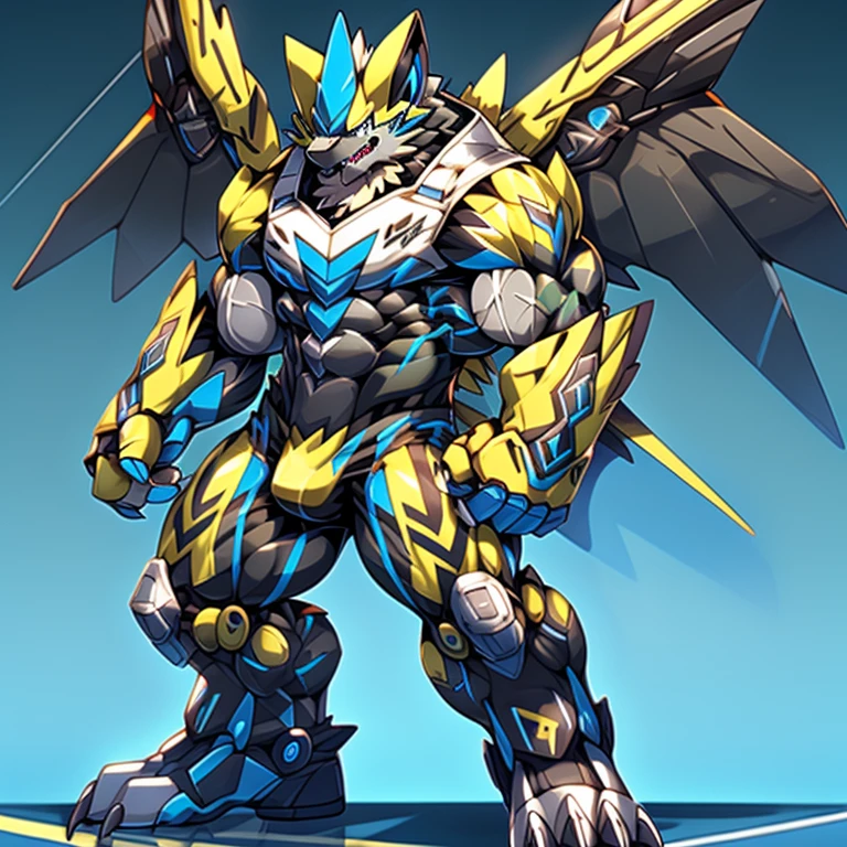 (Pokémon) Zeraora's giant robot.
Gigantic ZERAORA,
GIANT.
Protecting Zeraora's design and color scheme.

wears a black cloak on his back.

whole body shines like metal.
Wearing cyberpunk mecha, emphasizes the muscles.
He wears the same armor as himself from head to foot. (emphasizes the muscles.)
suit fully made of metal,
intricate armor, Robotic suit, suit fully made of metal, cyborg,

big muscle.
pecs, triceps,
body full of huge muscles.
unusually developed muscular body,
A Zeraora at the bodybuilding competition,
massive,
huge muscular bodybuilder with extraordinary biceps, pecs, triceps, traps, gigachad, 300 lbs.

The claws are sharp, Sharp teeth,
with huge golden laser sword,

metallic eagle shaped wings,
bulge in the crotch wears a small black string thong that reveals huge muscular thighs. (metallic color: jet black thong)