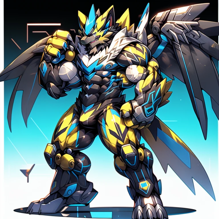 (Pokémon) Zeraora's giant robot.
Gigantic ZERAORA,
GIANT.
Protecting Zeraora's design and color scheme.

wears a black cloak on his back.

whole body shines like metal.
Wearing cyberpunk mecha, emphasizes the muscles.
He wears the same armor as himself from head to foot. (emphasizes the muscles.)
suit fully made of metal,
intricate armor, Robotic suit, suit fully made of metal, cyborg,

big muscle.
pecs, triceps,
body full of huge muscles.
unusually developed muscular body,
A Zeraora at the bodybuilding competition,
massive,
huge muscular bodybuilder with extraordinary biceps, pecs, triceps, traps, gigachad, 300 lbs.

The claws are sharp, Sharp teeth,
with huge golden laser sword,

metallic eagle shaped wings,
bulge in the crotch wears a small black string thong that reveals huge muscular thighs. (metallic color: jet black thong)