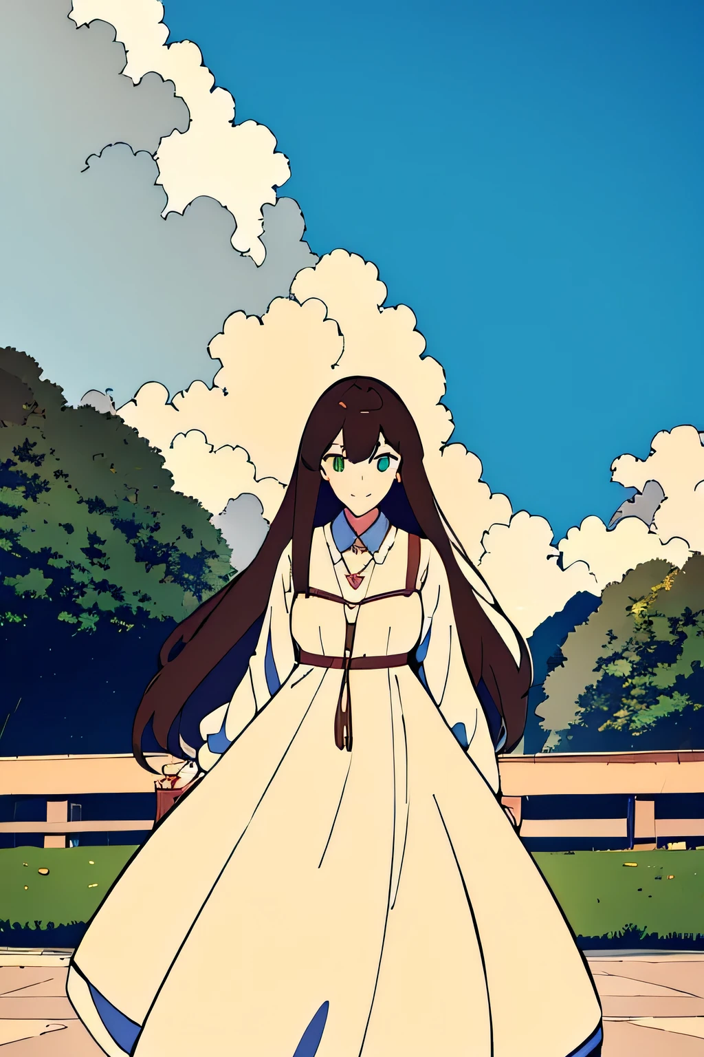  One girl, length_hair, One person in, Brown_hair, Open_mouth, wood, null, smile, Day, Wind, Brown_eye, cloud, white_dress, dress, building, green_null, Outdoor, Looking_in_Audience, floining_hair, blush, cloudy_null, bag, chest