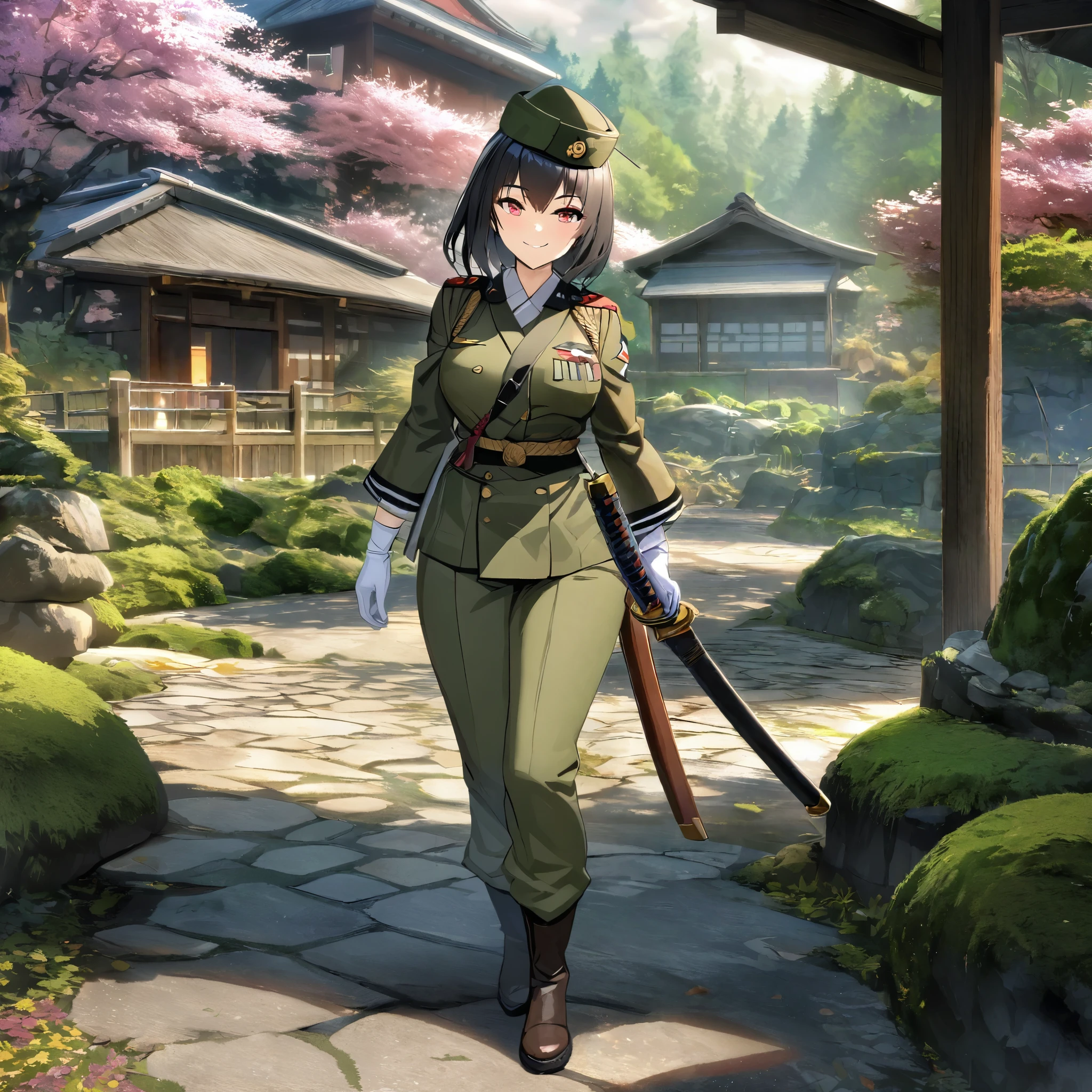 a woman wearing a Japanese military uniform from the Second World War, moss green Japanese military hat, moss green pants, military boots, holding a katana without a sheath, long black hair, red eyes, white gloves, smiling, full body, walking in a Japanese garden with military base in the background,HDR, ultra resolution, well defined, masterpiece, 8K HD. (solo woman)