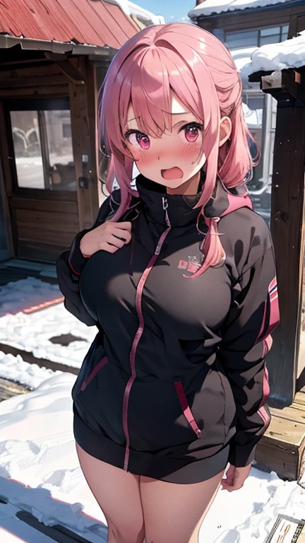 mastute piece,Best Quality,insanely detailed,8k cg,
shoot upper body,
1woman,18age,standing,body in front,looking at viewer,(ski-wear),break,
blush,shy,(trembling:1.2),pink hair,break,open mouth,large breast,ski-resart,ski-slope,snow,