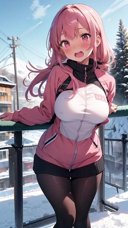 mastute piece,Best Quality,insanely detailed,8k cg,
shoot upper body,
1woman,18age,standing,body in front,looking at viewer,(ski-wear),break,
blush,shy,(trembling:1.2),pink hair,break,open mouth,large breast,ski-resart,ski-slope,snow,