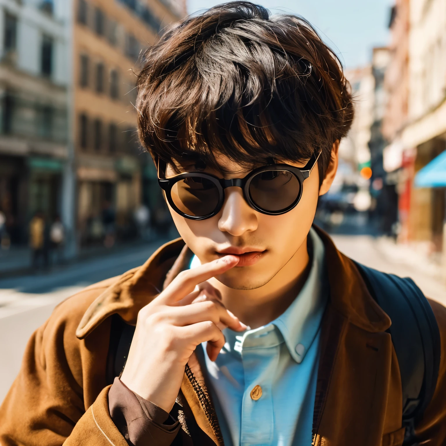 Coreano, hombre, guapo,en forma, con gafas, ropa vintage 