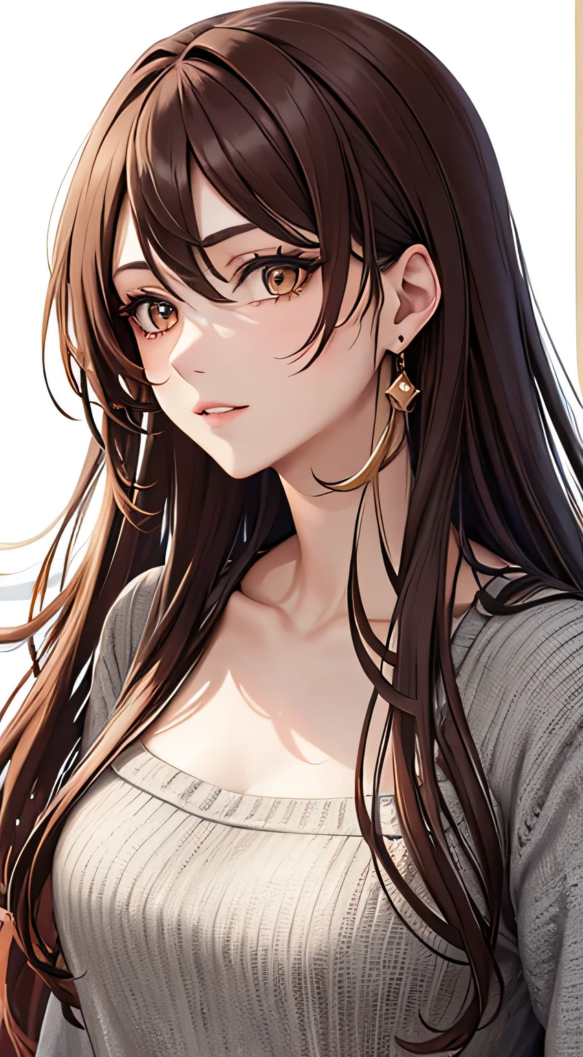 colorful,highest detailed, woman with long brown messy beautiful hair serious eyes, golden eyes, beautiful, majestic, wearing casual clothes, evil, to Ed muscle