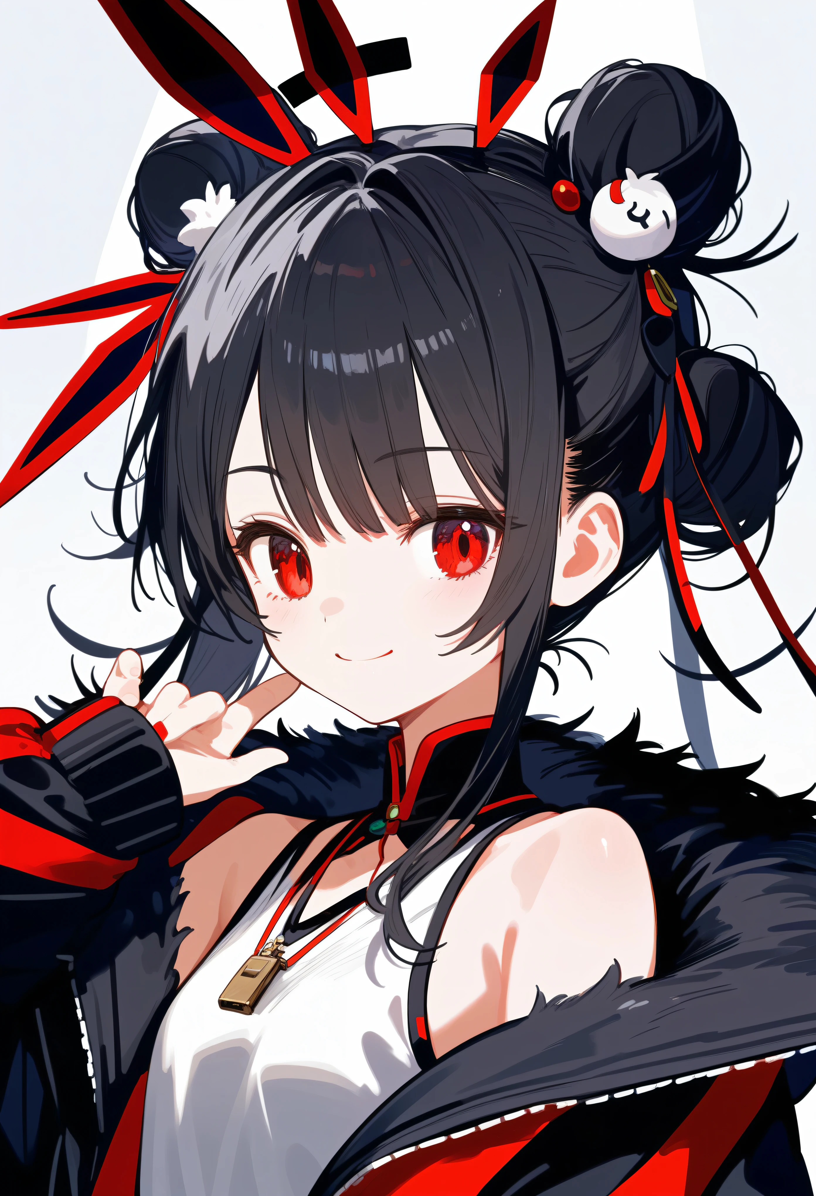 (Fraction_9,Fraction_8_Direction_7_up),1 Girl,Solitary,Red Eyes,Black Hair,Long hair,Looking at the audience,Smile,upper body,Hair Bun,Off-shoulder,Hair accessories,Bangs,Off-shoulder,Shut up,jacket,sleeveless,hand up,Fuzzy,Side lock,black jacket,Long sleeve,