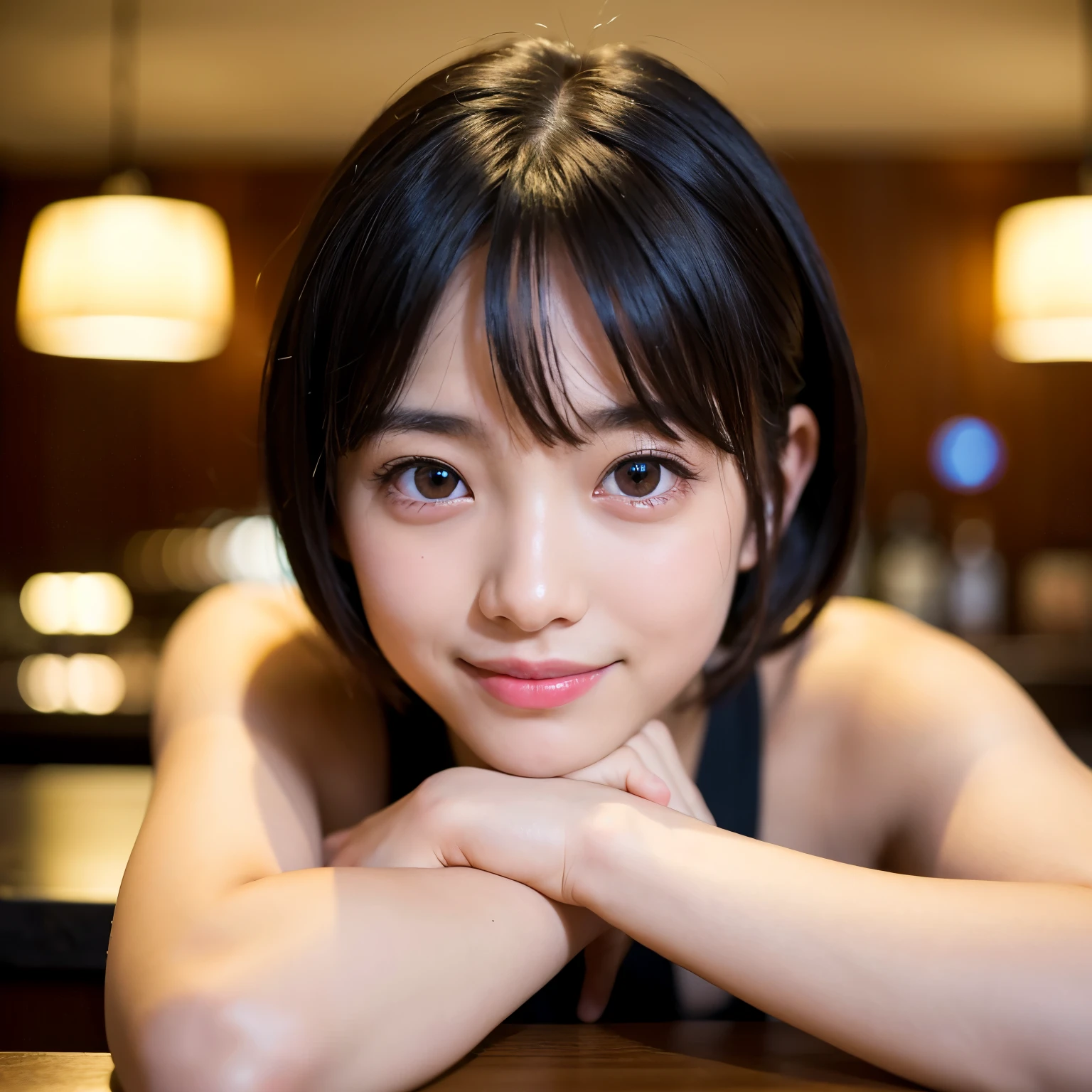 1girl, 15-years-old, the most famous Japanese idol, in hotel bar, Best-quality, Masterpiece, Ultra-High-Resolution, (Photorealistic:1.4), Raw-Photo, depth of field, professional-lighting, (extremely cute face like the most popular Japanese idol, ((extremely beautiful big-black-eyes)), extremely beautiful black-short-cut-haired), extremely beautiful skins, extremely beautiful lips, looking at viewer, innocent-smile, detailed hotel-bar