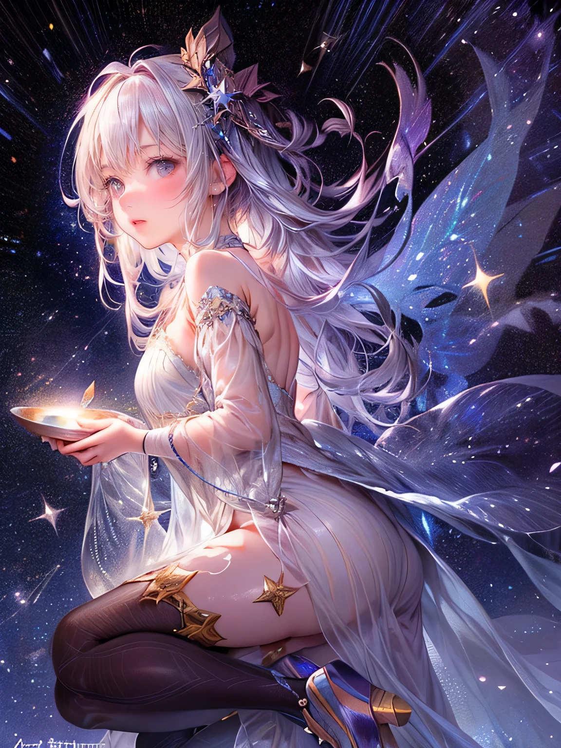 octans,Star Fairy,燦めくStars in the night sky,milky way,transparent bowl gown dress(flowing),beautiful delicate(Stars in the night sky,hair,face,eyes,lips,skin,clothes,knee),sparkling eyes,bright rosy lips,