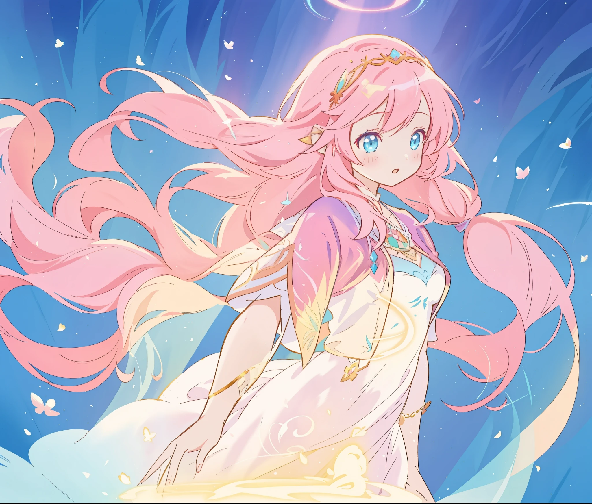beautiful girl in white arabian style dress, long colorful pink hair, watercolor illustration, inspired by Glen Keane, inspired by Lois van Baarle, disney art style, by Lois van Baarle, glowing aura around her, by Glen Keane, jen bartel, glowing lights! digital painting, flowing glowing hair, glowing flowing hair, beautiful digital illustration, fantasia otherworldly landscape plants flowers, beautiful, masterpiece, best quality, anime disney style
