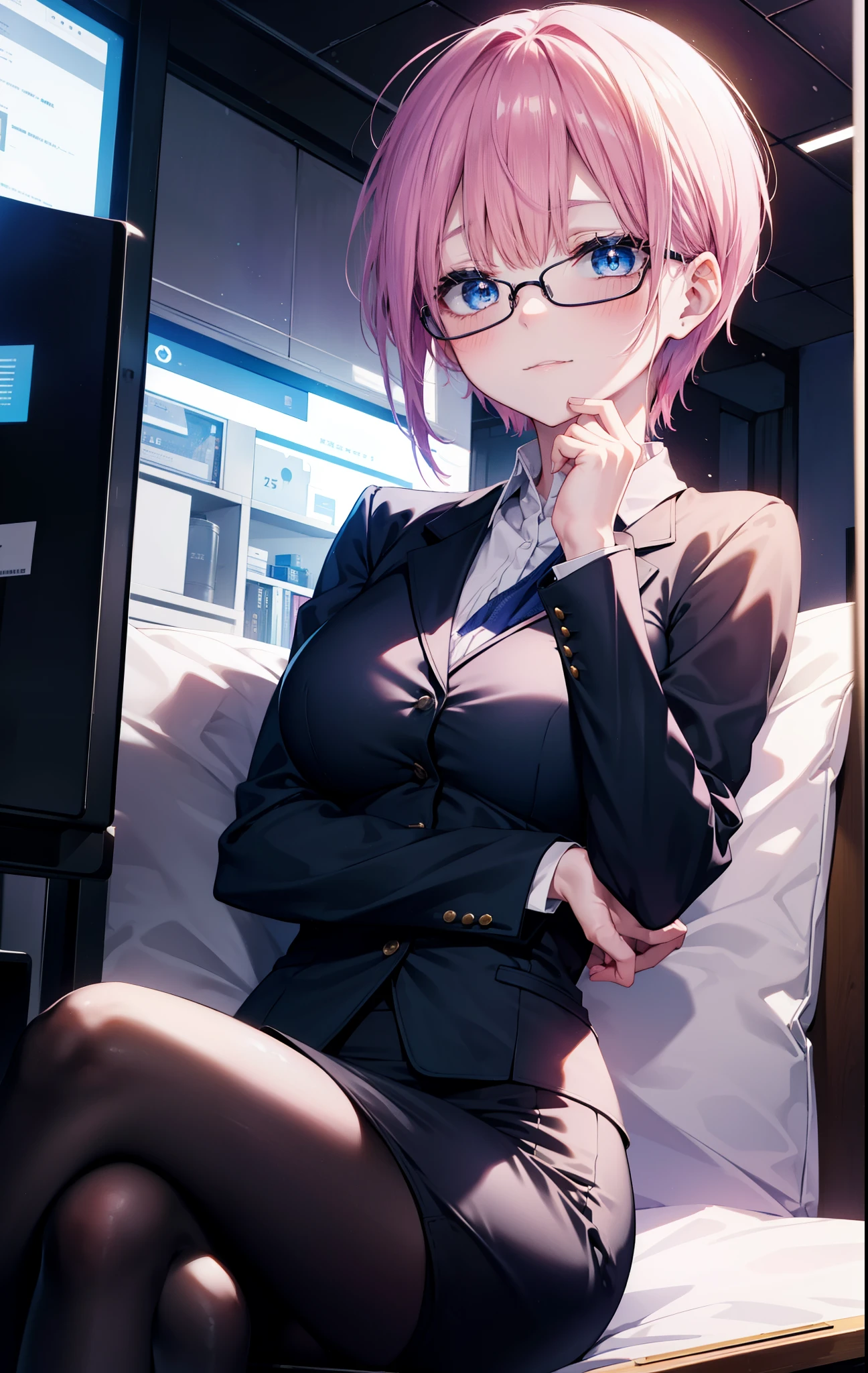 ichikanakano, ichika nakano, short hair, bangs, blue eyes, Hair between the eyes, smile,Pink Hair, Big Breasts , OL, happy smile, smile, Open your mouth,Akagi glasses, end, open front black suit jacket, White dress shirt, Collared shirt, Neckline, button,Black pencil skirt, Black Pantyhose, Stiletto heels,Daytime,Clear skies,sitting cross-legged on a chair,There is a computer on the table,
壊す looking at viewer, whole body,  (Cowboy Shot:1. 5)
Destroy outdoors,Destroy the office (masterpiece:1.2), highest quality, High resolution, unity 8k wallpaper, (shape:0.8), (Beautiful and beautiful eyes:1.6), Highly detailed face, Perfect lighting, Highly detailed CG, (Perfect hands, Perfect Anatomy),