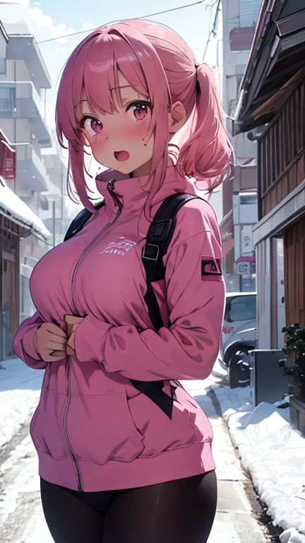 ultra realista 8k CG, master part, 1girl, cute face, thick thighs, big tits, outside, winter, pink slutty outfit