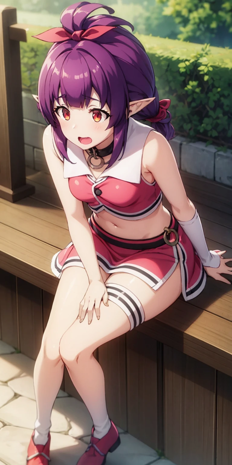 Highest quality, masterpiece, (Lean on:1.2), One girl, yuzuriha_(jigokuraku), Purple Hair, Brown eyes, Ninja, Open clothes, Cleavage, Small breasts, Topknot, Medium Hair, Let go of my chest, Captivating smile, (blush:1.1), Appearance of the Japan, Temple, sengoku period town, town (Browsing Caution)