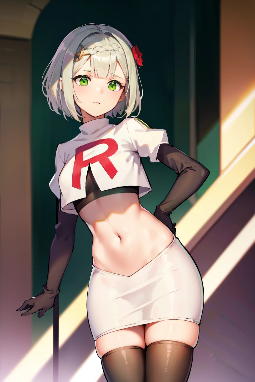 genshinnoelle, noelle, braid, flower, hair flower, hair ornament, short hair, silver hair, (green eyes:1.5),team rocket,team rocket uniform,white skirt,red letter R,crop top,black thigh-highs,black elbow gloves
