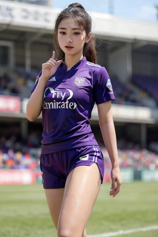 beautiful detail, best quality, 8k, highly detailed face and skin texture, high resolution, cute asian girl in violet soccer uniform at stadium, sharp focus