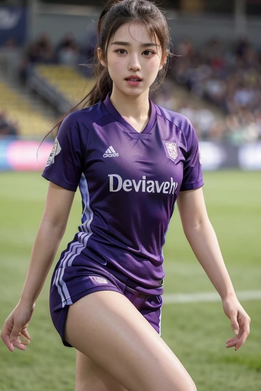beautiful detail, best quality, 8k, highly detailed face and skin texture, high resolution, cute asian girl in violet soccer uniform at stadium, sharp focus