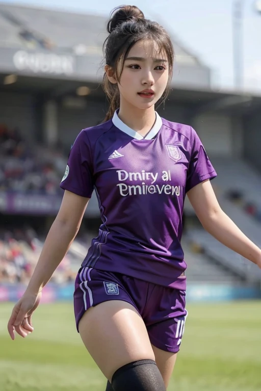 beautiful detail, best quality, 8k, highly detailed face and skin texture, high resolution, cute asian girl in violet soccer uniform at stadium, sharp focus
