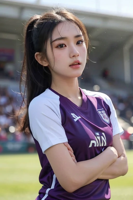 beautiful detail, best quality, 8k, highly detailed face and skin texture, high resolution, cute asian girl in violet soccer uniform at stadium, sharp focus
