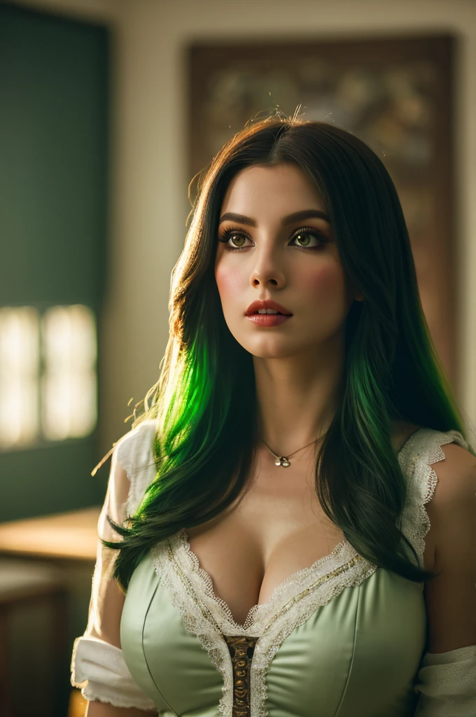 obra de arte, alta qualidade, 8k. As the camera pans around the classroom, the magical bokeh of the lights creates a dreamlike atmosphere. In the center of the room is a nerd goddess, de cabelos loiros cheio de cachos, full lips and green eyes, ela veste uma camisa com um decote generoso, drawing attention to your large breasts, adding a touch of mystery to its already intriguing presence. its intricate details adding to the overall cinematic feel of the scene