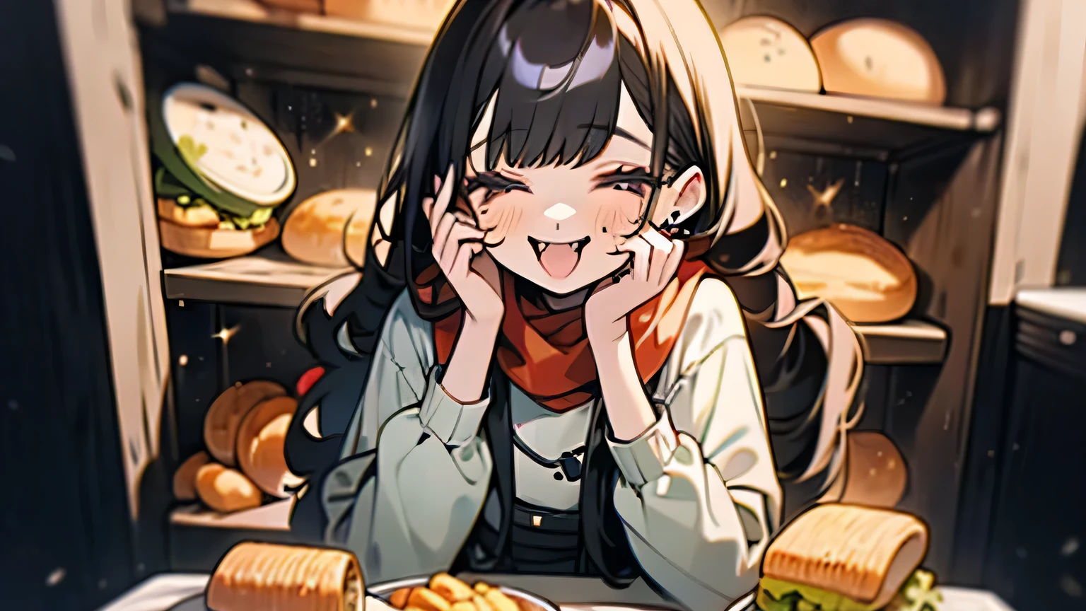 Imagine a young female YouTube mukbang host, known for her adorable and bubbly personality. She's typically seen in colorful, casual attire, often with whimsical food-themed accessories like a hamburger-print scarf or sushi-shaped earrings. Her setup is bright and inviting, with a pastel-colored backdrop and a table full of an array of delicious and visually appealing dishes from different cuisines. Each video starts with her cheerful greeting, "Hello, my hungry friends!", followed by a playful wink. Her interactions with the camera are lively and engaging, as she shares not only the taste but also fun facts about each dish. The atmosphere is cozy and friendly, making viewers feel like they are sitting down to a meal with a delightful and quirky friend who loves food as much as they do.