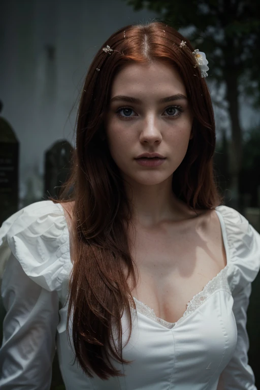 Clip from the Mario Bawa horror movie, Full medium close-up, A gorgeous 18-year-old woman like Bella Thorne, Long red hair, Soft pale skin, Cute and youthful face, defined eyebrows, Light blue eyes, Delicate nose, Plump and rounded lips, Walk in a Gothic cemetery in a white wedding dress at night, Fog and rain conditions, ghostly atmosphere, 1600s, (High skin detail: 1.2), Ultra-detailed, photo-realistic, Depth of field, Cinematic lighting, IMAX cameras, hdr, DTM, Full-HD, 8K