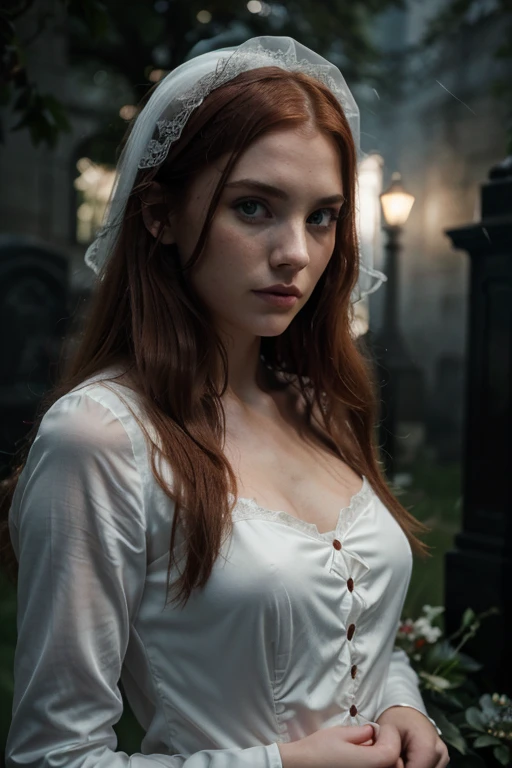 Cinematic footage from Mario Bava horror movie, full medium closeup, a gorgeous 18-year-old woman resembling Bella Thorne, long red hair, soft pale skin, cute and youthful face, well-defined eyebrows, light blue eyes, delicate nose, plump and round lips, walks in an Gothic cemetery at night wearing a white wedding dress, fog and rainy condition, ghostly atmosphere, 1600s, (high skin detail: 1.2), ultra-detailed, photo-realistic, depth of field, cinematic lighting, IMAX camera, HDR, DTM, Full HD, 8k