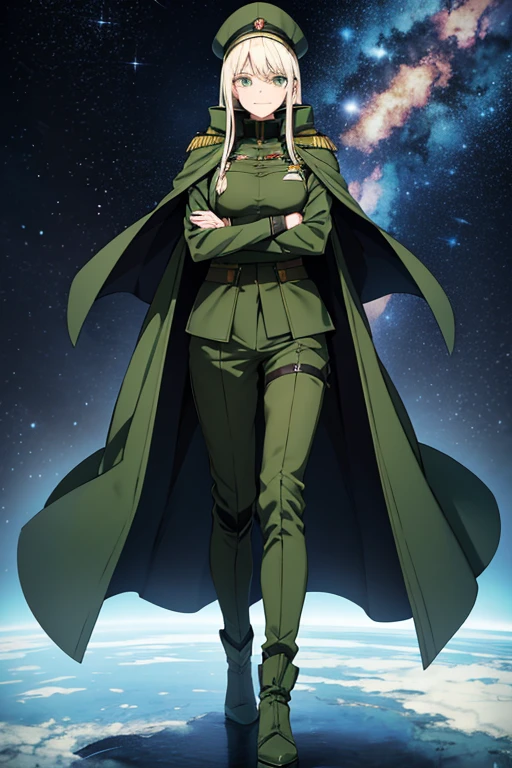 Anime Art、Full body portrait、Space SF General、A Russian woman, around 190cm tall, around 44 years old, wearing dark green body armor, standing upright with her arms crossed、A strong smile、Long platinum blonde hair、Dark green eyes、gloveilitary boots、Wearing a dark green military cap、luxurious cloak