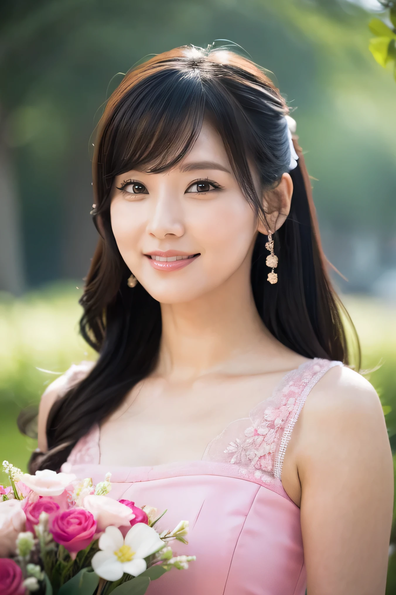Medium View, Medium Shot, Written boundary depth, bust, Upper Body, Cinematic Angles, masterpiece, highest quality, Very detailed, cg, 8K Wallpaper, Beautiful Face, Delicate eyes, Otome, alone, smile, bangs, have,pink dot colored dresses, bow, petal, bouquet