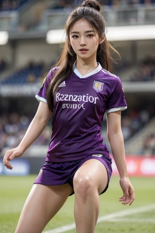 beautiful detail, best quality, 8k, highly detailed face and skin texture, high resolution, cute asian girl in violet soccer uniform at stadium, sharp focus
