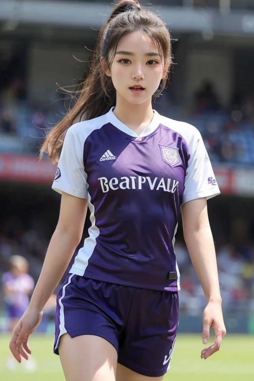 beautiful detail, best quality, 8k, highly detailed face and skin texture, high resolution, cute asian girl in violet soccer uniform at stadium, sharp focus