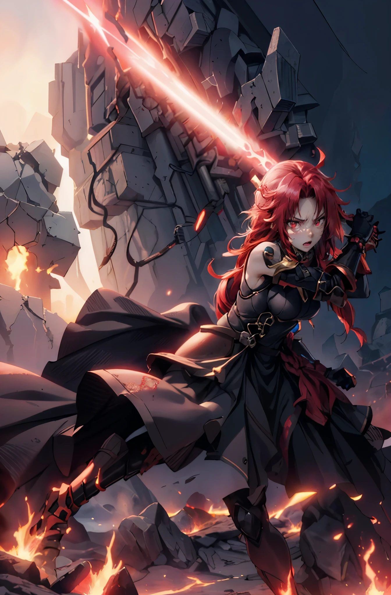 Iris, red hair, long hair, braid, red eyes, anatomically correct, heavy breathing, mature female, ultra-detailliert、​masterpiece、top-quality、(ighly detailed)、dynamic ungle、Mystical expression、Wind-effect、Fantasy background、Red lighting、Cinematic Light、超A high resolution、8K UHD、film grains、Best Shadows、Sensitive、Unripe、Particles of light、detailed skin textures、detailed armor texture、 Dark Armored Dress, Dark Gauntlet, Hold the Dark Sword, hair between eye, Black Dress, breastplates, Black Armor、A detailed face、intricate-detail、ultra-detailliert、with light glowing、strong con、Slashing、slash action、pauldron、 a blond, ((very detailed of hair )) Fully facial detailed, Beautiful, (((18 years old))), thin lips, big eye, hight resolution,,hight resolution, Fantasia、Convoluted、Artorian Pendragon, good smile company fantasy,Lava gray sky。Volcano with red lava flowing。Erupting volcano。Dao lightning in the air。8K,high detal,intricate-detail {Ikko,hyper HD,best qualtiy,(​master piece)Gates of Hell, Gates of Hell, Doors to Hell, The Great Gate of Hell, hell scenery, Gateway to Hell, Gates of Hell, The Bottom of Hell, Portal to the lost realm of flames, Convoluted, The Last Battle of Hell, Super Real Hell, (shaded face:1.2), hollow eyes, red eyes, looking at viewer, (heavy breathing:1.2), angry, open mouth, glaring, glowing eyes, 