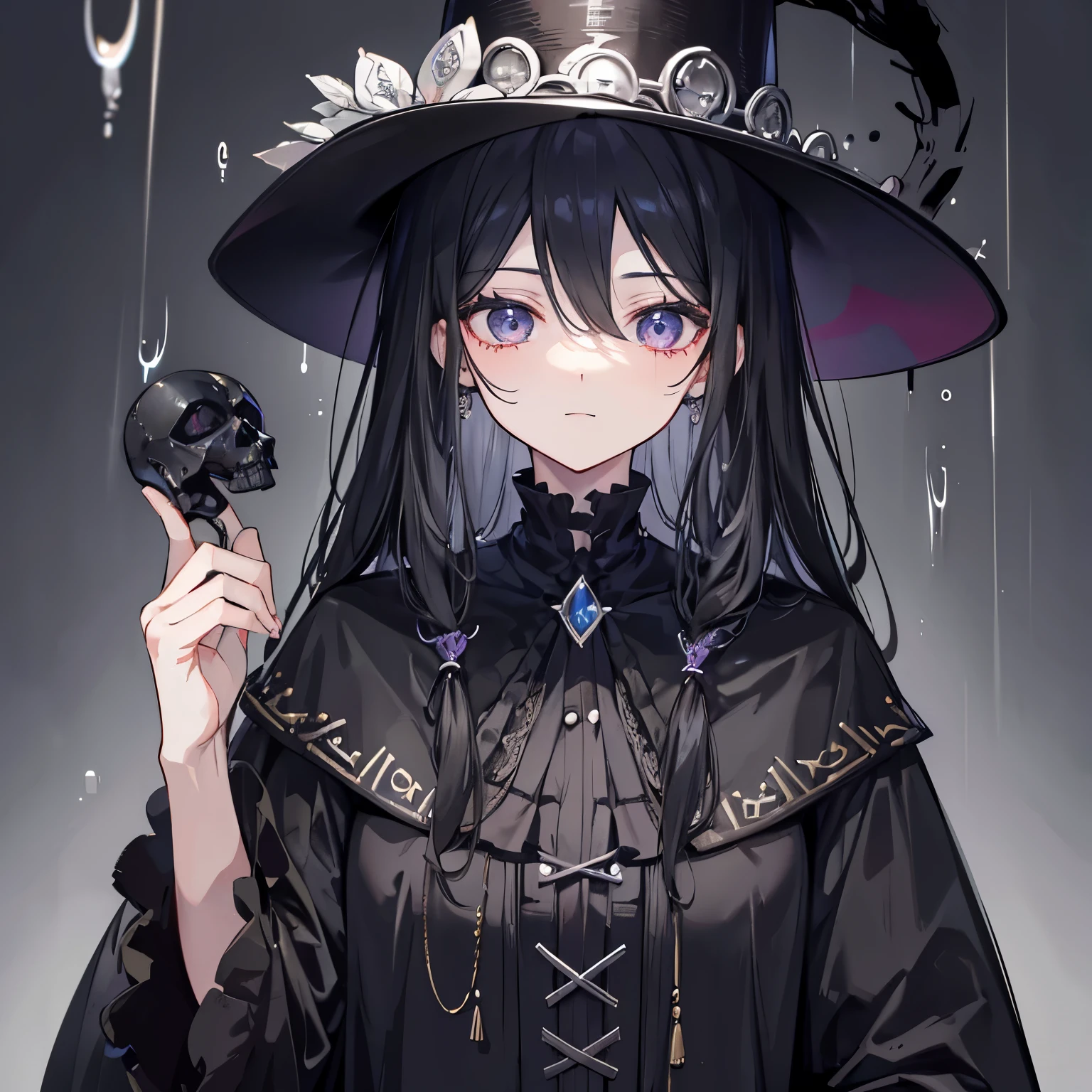 Woman with Black Death Mask, sobretudo preto, do tronco para cima. Olhando levemente para baixo, wearing a medium top hat on the head, with little raindrops on the screen and lights behind 