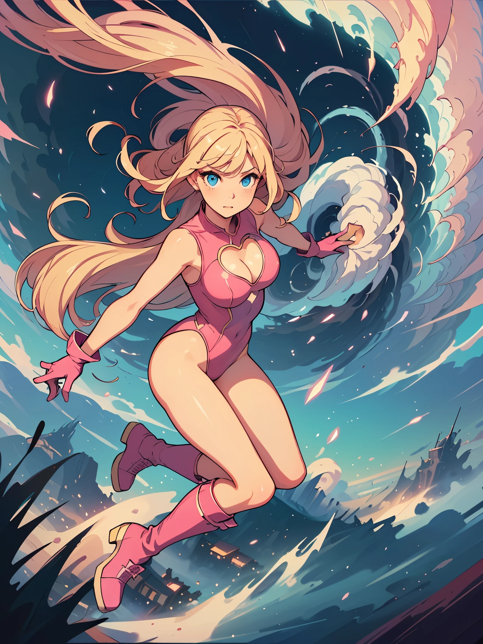 ((masterpiece)), ((best quality)), ((high res)), 1girl, solo, solo focus, (leotard, perfect leotard, pink leotard, sleeveless, bare legs), matching boots, looking at the viewer, blue sky backdrop, perfect hands, complete fingers, perfect anatomy, perfect proportions, medium breasts, (blonde hair, long hair, mid-length hair, hair down, bangs), knee boots, blue eyes, beautiful detailed eyes, beautiful detailed face, cute face, (cleavage heart cutout), pink gloves, pink footwear, superhero, heroic, (spread arms, spins in place like a tornado, she spins at an incredible speed, creating a whirlwind of air around her, spiral lines around, cyclone cloud around, tornado spinning), full body with costume