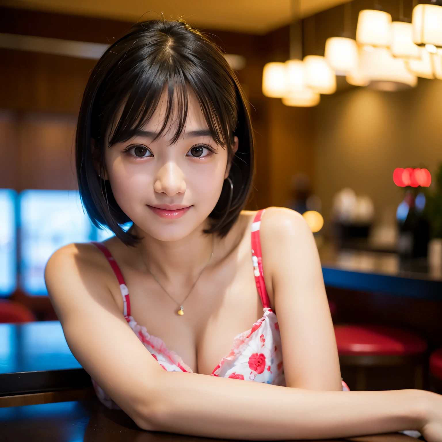 1girl, 15-years-old, the most famous Japanese idol, in hotel bar, Best-quality, Masterpiece, Ultra-High-Resolution, (Photorealistic:1.4), Raw-Photo, depth of field, (extremely cute face like the most popular Japanese idol, ((extremely beautiful big-black-eyes)), extremely beautiful black-short-cut-haired), extremely beautiful skins, extremely beautiful lips, looking at viewer, innocent-smile, detailed hotel-bar