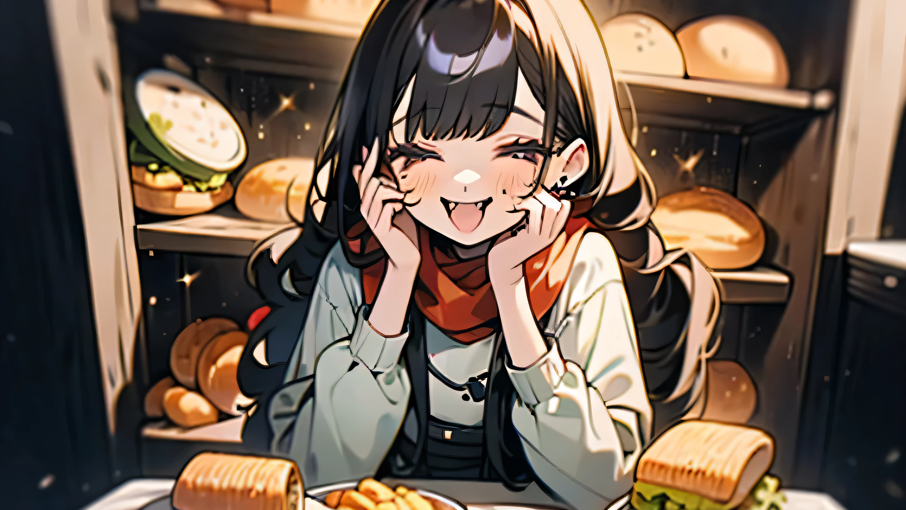 Imagine a young female YouTube mukbang host, known for her adorable and bubbly personality. She's typically seen in colorful, casual attire, often with whimsical food-themed accessories like a hamburger-print scarf or sushi-shaped earrings. Her setup is bright and inviting, with a pastel-colored backdrop and a table full of an array of delicious and visually appealing dishes from different cuisines. Each video starts with her cheerful greeting, "Hello, my hungry friends!", followed by a playful wink. Her interactions with the camera are lively and engaging, as she shares not only the taste but also fun facts about each dish. The atmosphere is cozy and friendly, making viewers feel like they are sitting down to a meal with a delightful and quirky friend who loves food as much as they do.
