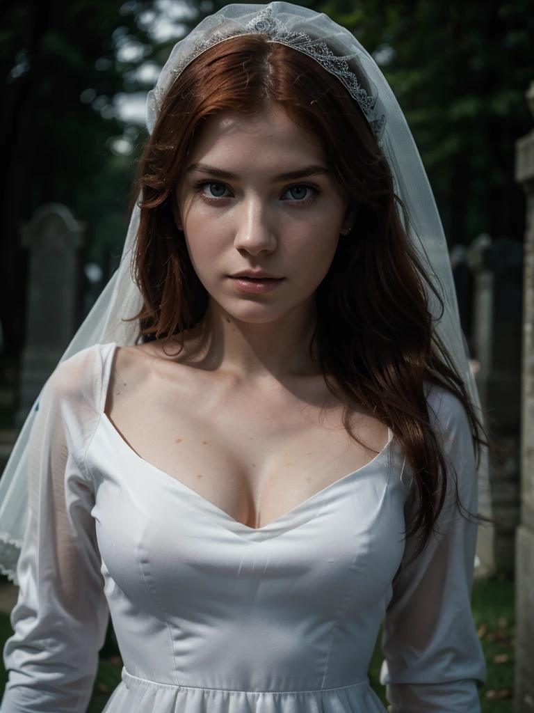 Cinematic footage from Mario Bava horror movie, full medium closeup, a gorgeous 18-year-old woman resembling Bella Thorne, long red hair, soft pale skin, cute and youthful face, well-defined eyebrows, light blue eyes, delicate nose, plump and round lips, walks in an Gothic cemetery at night wearing a white wedding dress, fog and rainy condition, ghostly atmosphere, 1600s, (high skin detail: 1.2), ultra-detailed, photo-realistic, depth of field, cinematic lighting, IMAX camera, HDR, DTM, Full HD, 8k