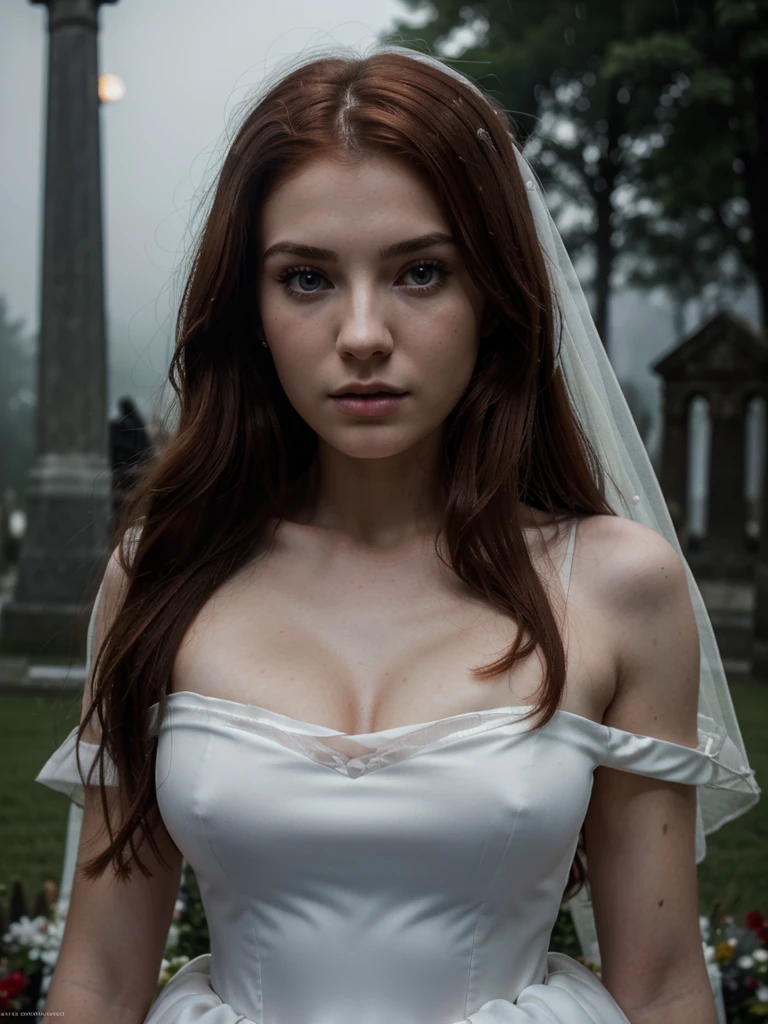 Cinematic footage from Mario Bava horror movie, full medium closeup, a gorgeous 18-year-old woman resembling Bella Thorne, long red hair, soft pale skin, cute and youthful face, well-defined eyebrows, light blue eyes, delicate nose, plump and round lips, walks in an Gothic cemetery at night wearing a white wedding dress, fog and rainy condition, ghostly atmosphere, 1600s, (high skin detail: 1.2), ultra-detailed, photo-realistic, depth of field, cinematic lighting, IMAX camera, HDR, DTM, Full HD, 8k