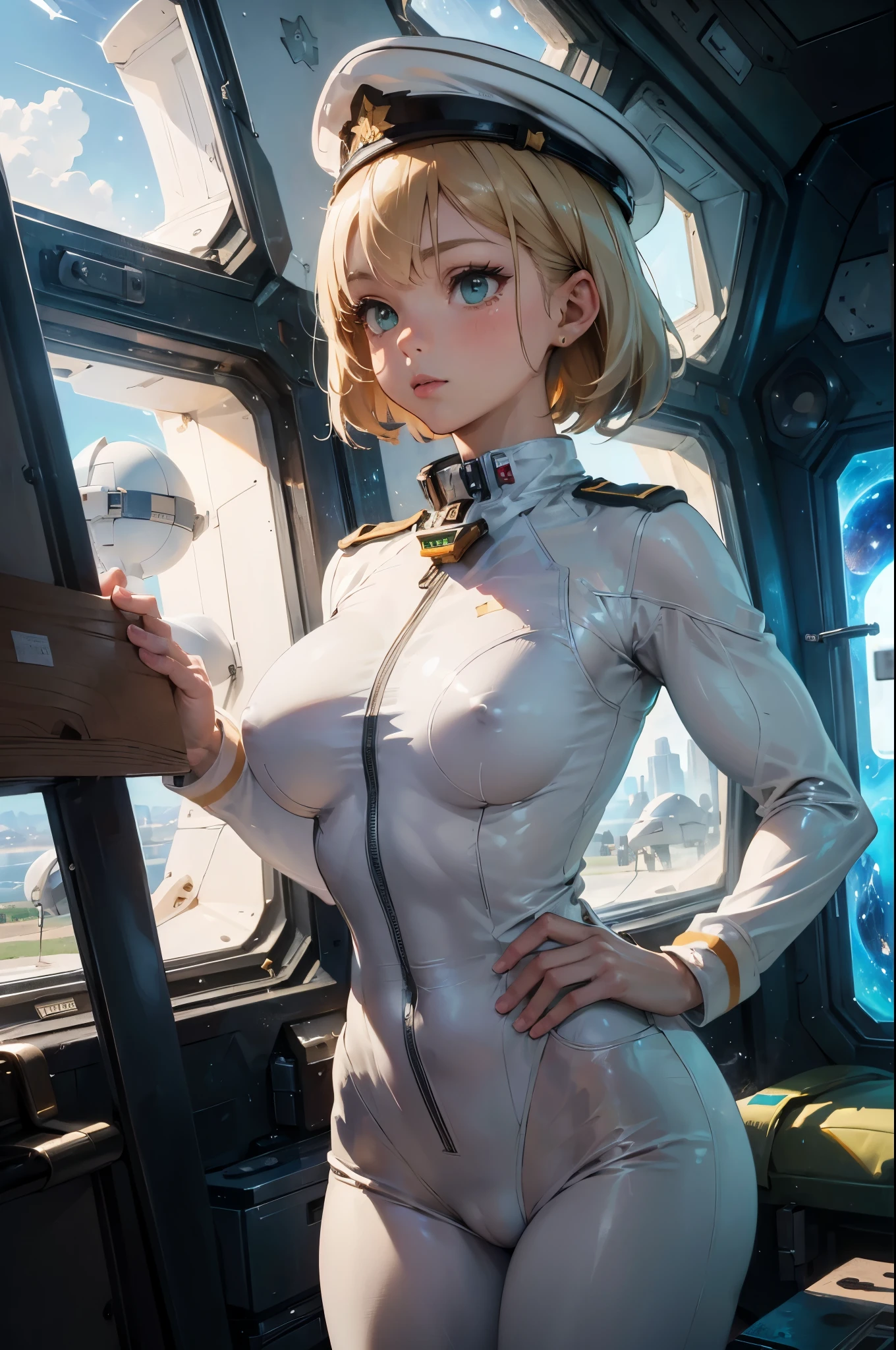((masterpiece)), ((best quality)), ((best quality)), (Illustration of One Girl), whole body, 25 years old, neutral, Blonde, short hair, Green Eyes, (((High)), ((Muscular body)), ((Muscular body)), ((Muscular body)), (military uniform)), (military uniform)), (Military cap)), (White clothes), (White pants), (White Hat), Trench coat, (((Inside the spaceship)), (Outside the window, space, Earth from space, Spaceport)((Very large breasts)),((Grooves reveal original skin))
