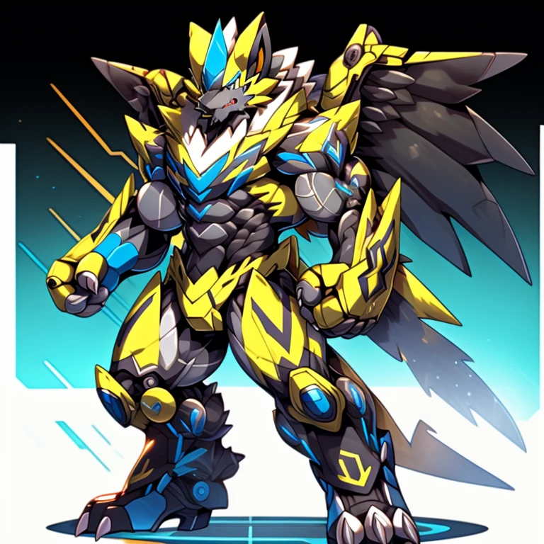 (Pokémon) Zeraora's giant robot.
Gigantic ZERAORA,
GIANT.
Protecting Zeraora's design and color scheme.

wears a black cloak on his back.

whole body shines like metal.
Wearing cyberpunk mecha, emphasizes the muscles.
He wears the same armor as himself from head to foot. (emphasizes the muscles.)
suit fully made of metal,
intricate armor, Robotic suit, suit fully made of metal, cyborg,

big muscle.
pecs, triceps,
body full of huge muscles.
unusually developed muscular body,
A Zeraora at the bodybuilding competition,
massive,
huge muscular bodybuilder with extraordinary biceps, pecs, triceps, traps, gigachad, 300 lbs.

The claws are sharp, Sharp teeth,
with huge golden laser sword,

metallic eagle shaped wings,
 BLACK armor.