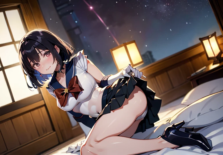 master piece,best quality,ultra detailed,8k, ambient light,realistic skin,glossy skin,cute, （sailor_saturn）、lie on bed、 （mini skirt, (skirt lift:1.3), (from bottom:1.3))、（the body is very wet：1.5）、Glossy lips、Slightly emphasize the lower lip、blush、smile、emphasizing the cleavage、 Fantastic night sky、Saturn、Aurora、horizon、Open-air bath、Japanese Inn Futon