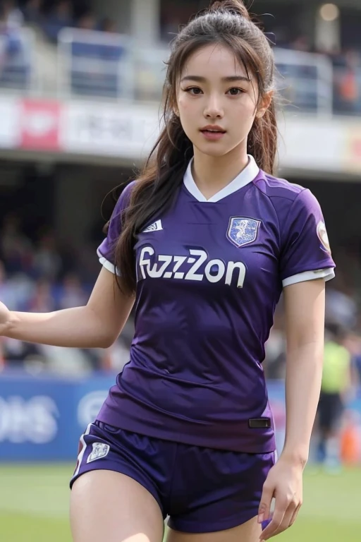 beautiful detail, best quality, 8k, highly detailed face and skin texture, high resolution, cute asian girl in violet soccer uniform at stadium, sharp focus
