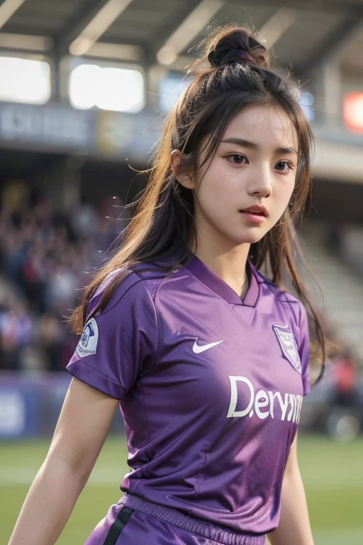 beautiful detail, best quality, 8k, highly detailed face and skin texture, high resolution, cute asian girl in violet soccer uniform at stadium, sharp focus