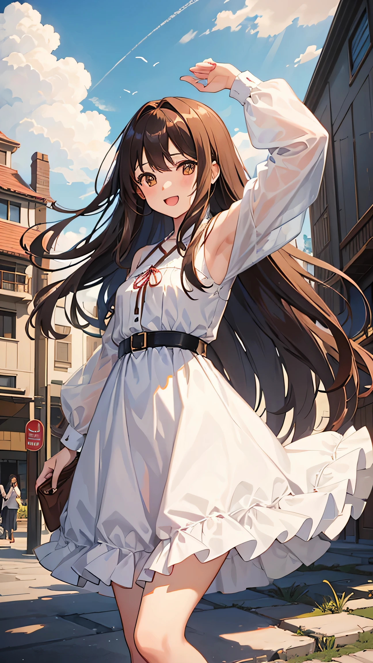 One girl, length_hair, One person in, Brown_hair, Open_mouth, wood, null, smile, Day, Wind, Brown_eye, cloud, white_dress, dress, building, green_null, Outdoor, Looking_in_Audience, floining_hair, blush, cloudy_null, bag, chest