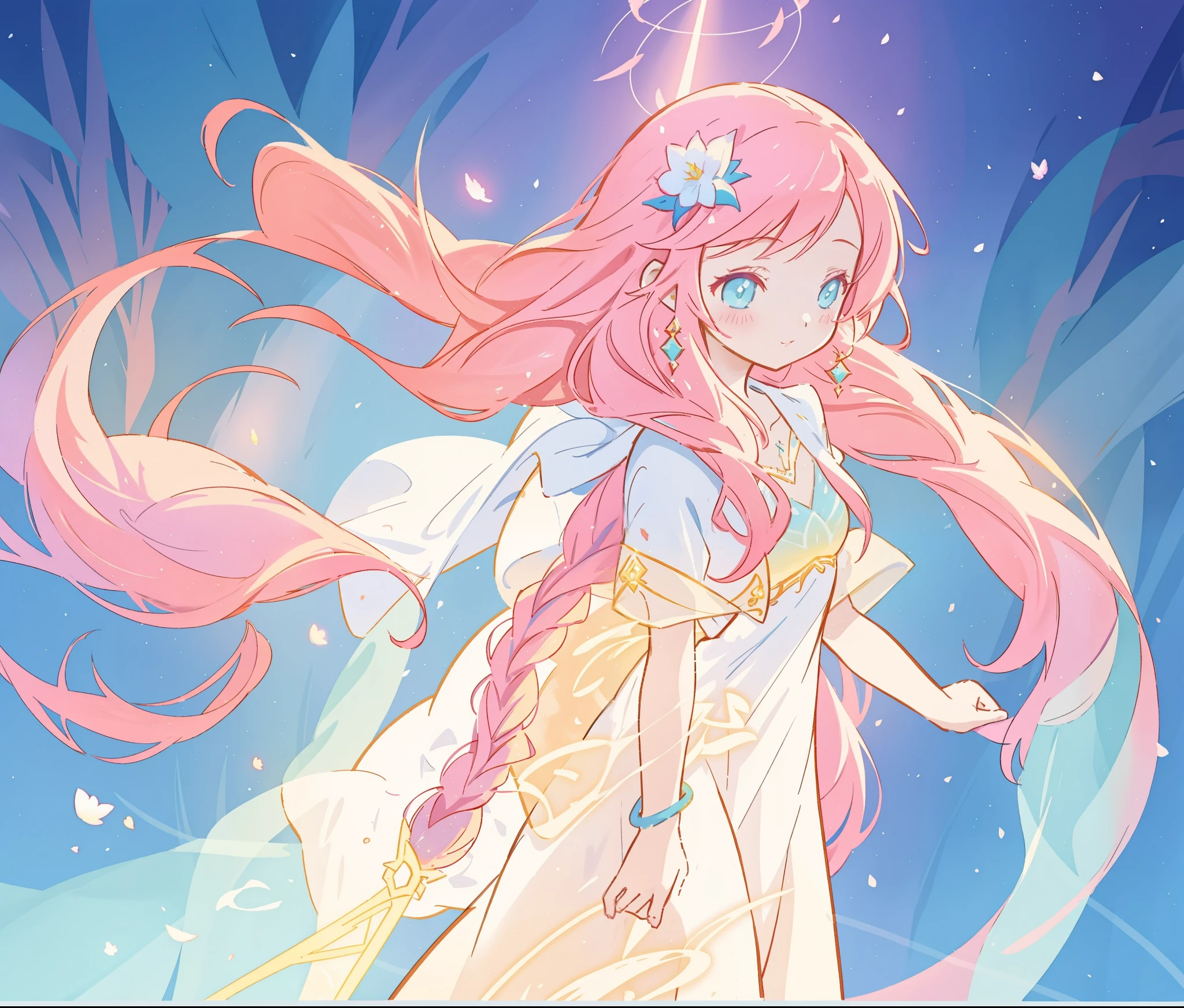 beautiful girl in white arabian style dress, long colorful pink hair, watercolor illustration, inspired by Glen Keane, inspired by Lois van Baarle, disney art style, by Lois van Baarle, glowing aura around her, by Glen Keane, jen bartel, glowing lights! digital painting, flowing glowing hair, glowing flowing hair, beautiful digital illustration, fantasia otherworldly landscape plants flowers, beautiful, masterpiece, best quality, anime disney style
