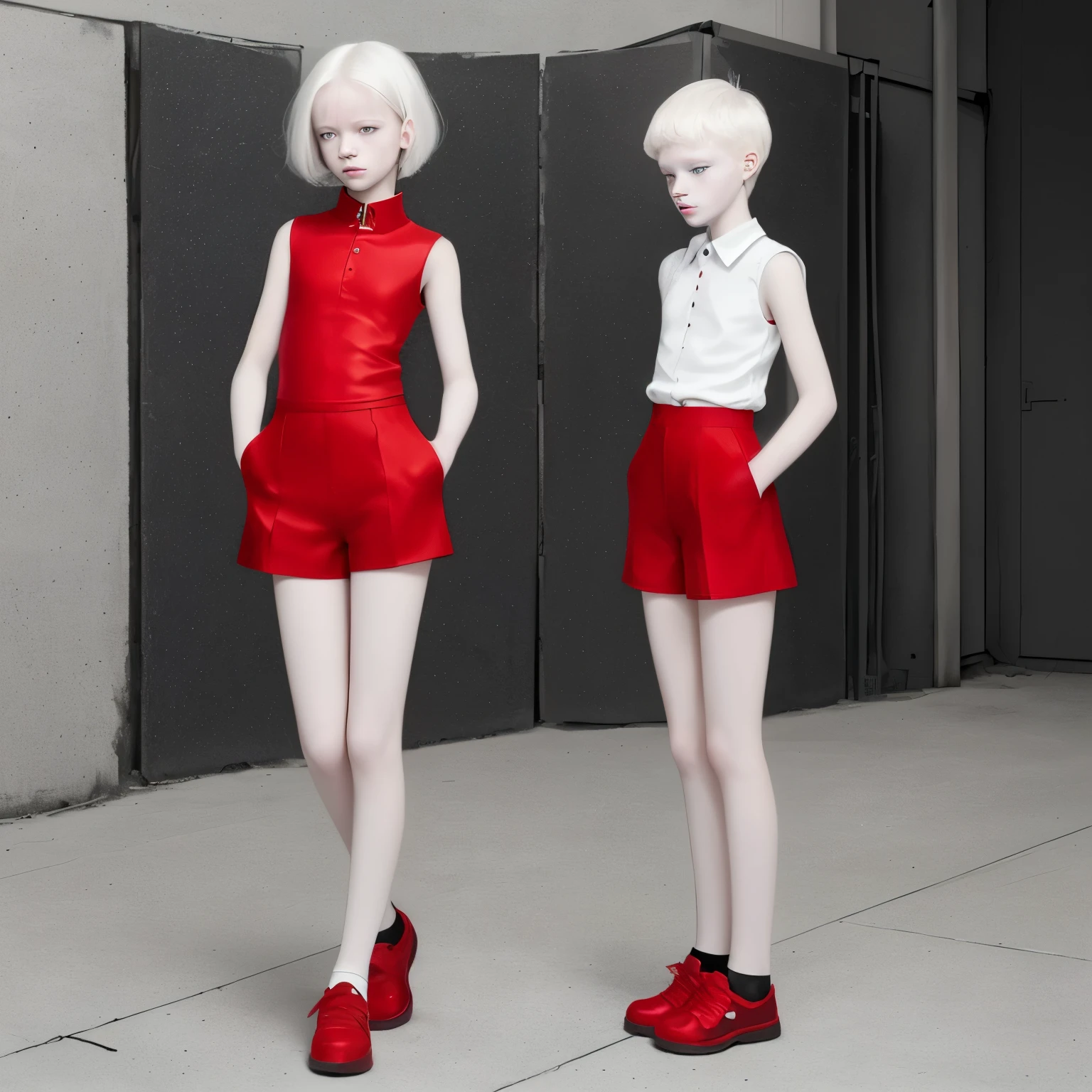 appearence a  girl,red eyes,albino,calm,quiet,cute,pretty,full body,looking ahead,short hair combed back,red outfit,black short