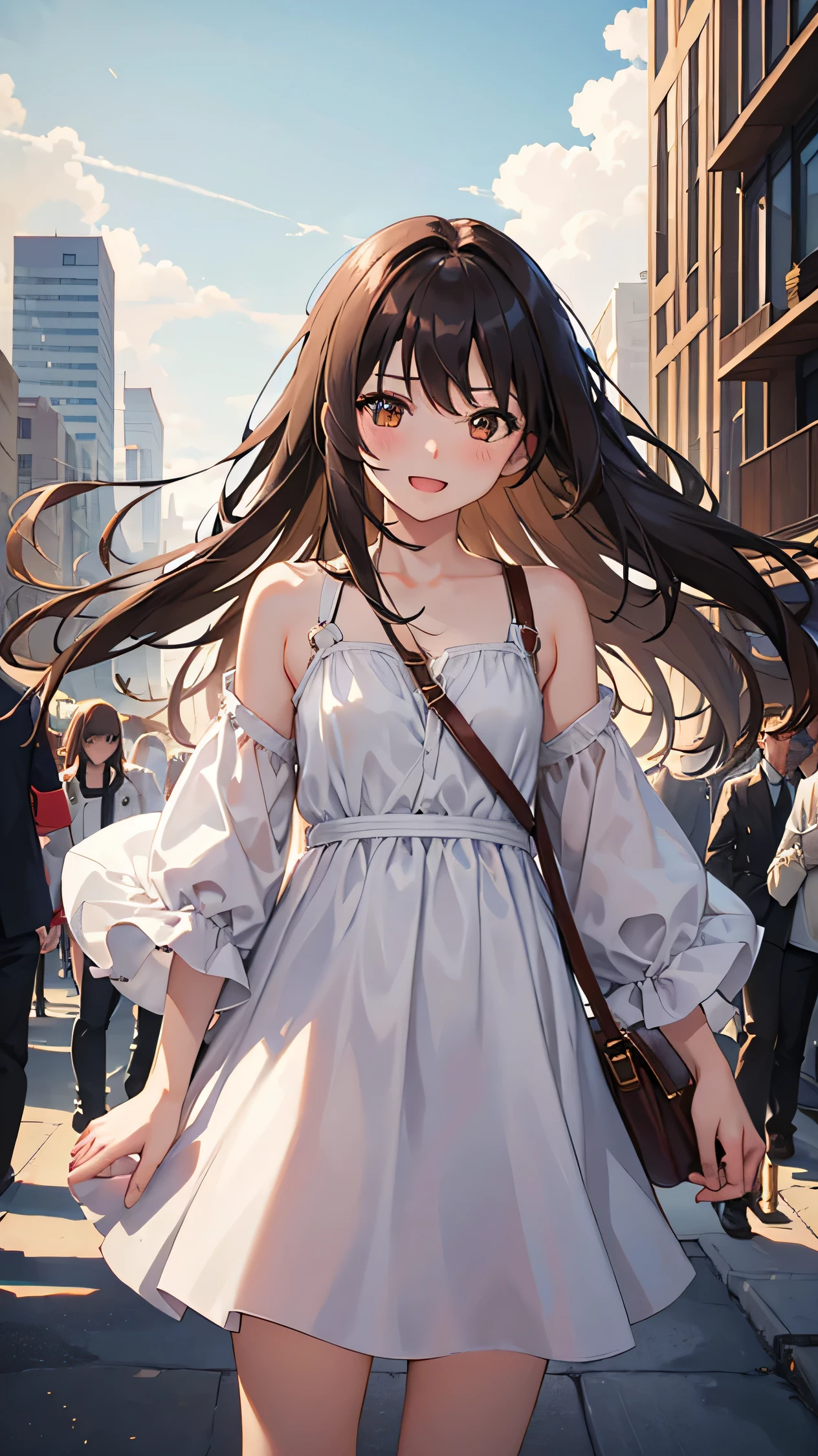 One girl, length_hair, One person in, Brown_hair, Open_mouth, wood, null, smile, Day, Wind, Brown_eye, cloud, white_dress, dress, building, green_null, Outdoor, Looking_in_Audience, floining_hair, blush, cloudy_null, bag, chest