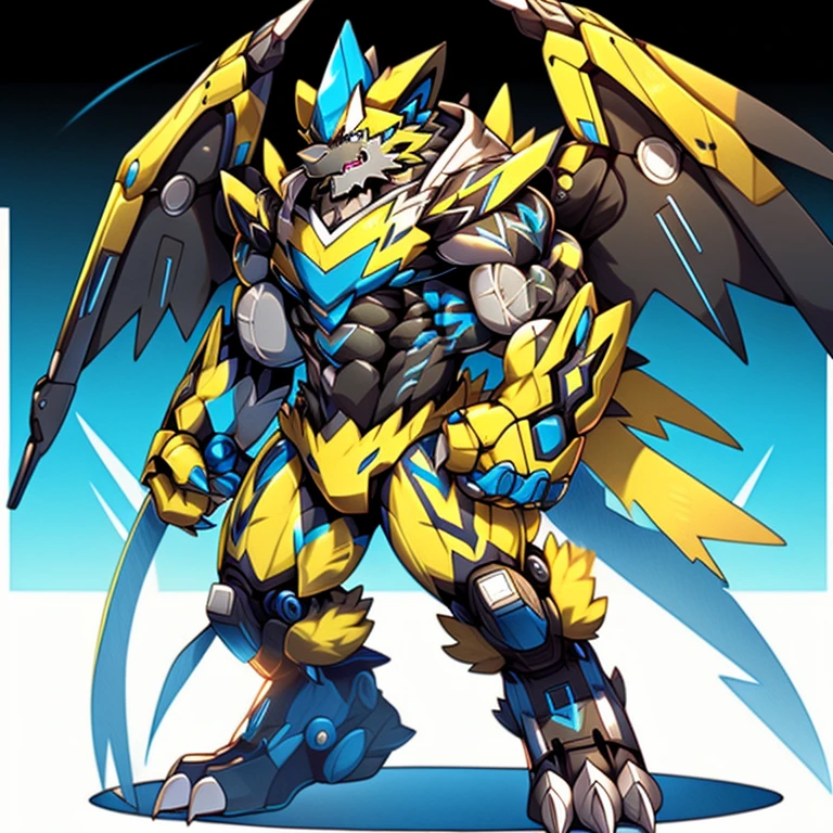 (Pokémon) Zeraora's giant robot.
Gigantic ZERAORA,
GIANT.
Protecting Zeraora's design and color scheme.

wears a black cloak on his back.

whole body shines like metal.
Wearing cyberpunk mecha, emphasizes the muscles.
He wears the same armor as himself from head to foot. (emphasizes the muscles.)
suit fully made of metal,
intricate armor, Robotic suit, suit fully made of metal, cyborg,

big muscle.
pecs, triceps,
body full of huge muscles.
unusually developed muscular body,
A Zeraora at the bodybuilding competition,
massive,
huge muscular bodybuilder with extraordinary biceps, pecs, triceps, traps, gigachad, 300 lbs.

The claws are sharp, Sharp teeth,
with huge golden laser sword,

metallic eagle shaped wings,
 BLACK armor.