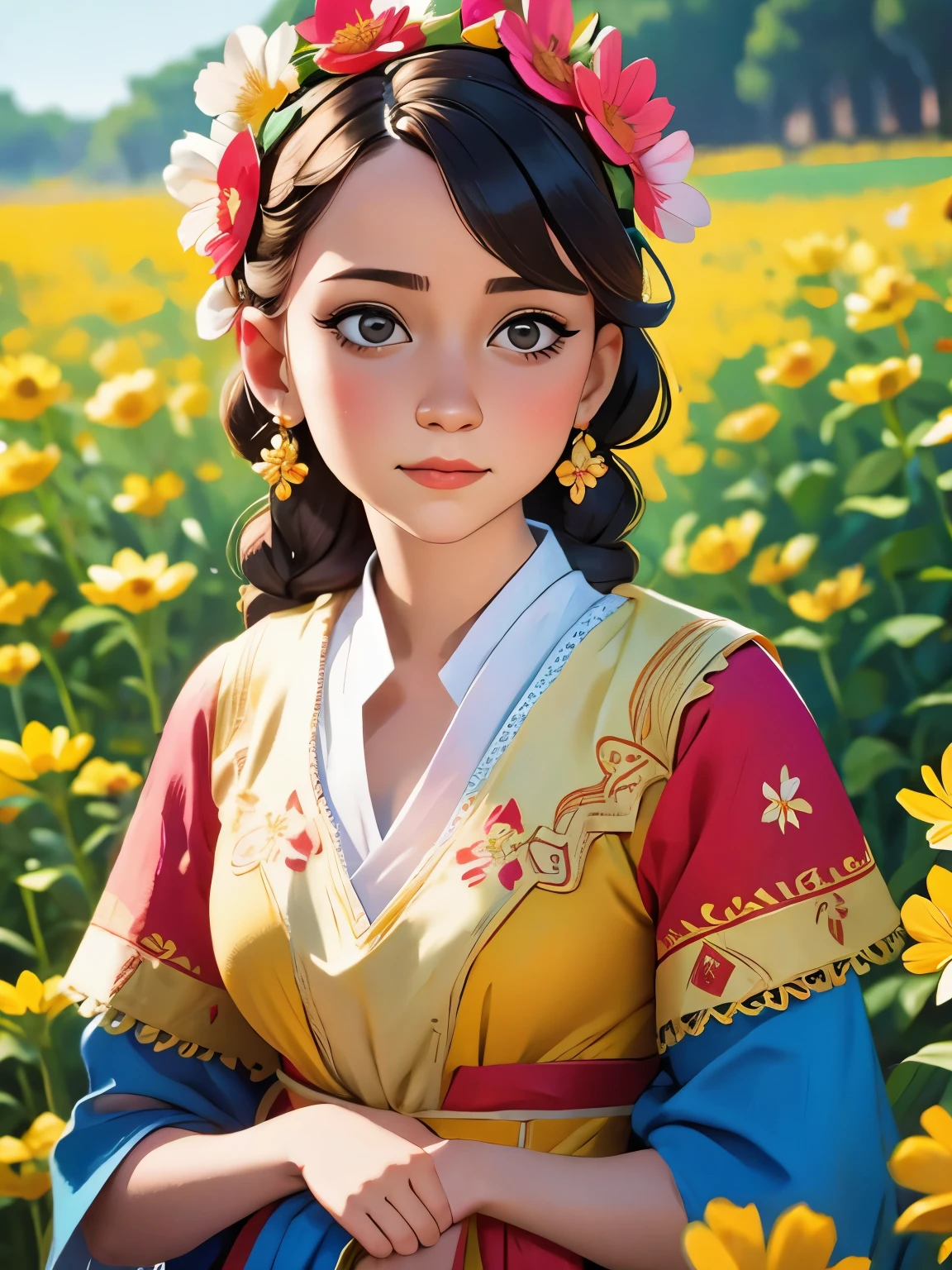 a close up of a woman wearing a colorful dress and a flower crown, ukrainian girl, traditional romanian clothing, ukrainian national clothes, ukrainian national costume, slavic style, romanian heritage, ukraine. professional photo, slavic!!!, traditional beauty, traditional russia, very very beautiful woman, very extremely beautiful, russian girlfriend, beautiful pretty young, ukrainian, traditional clothes